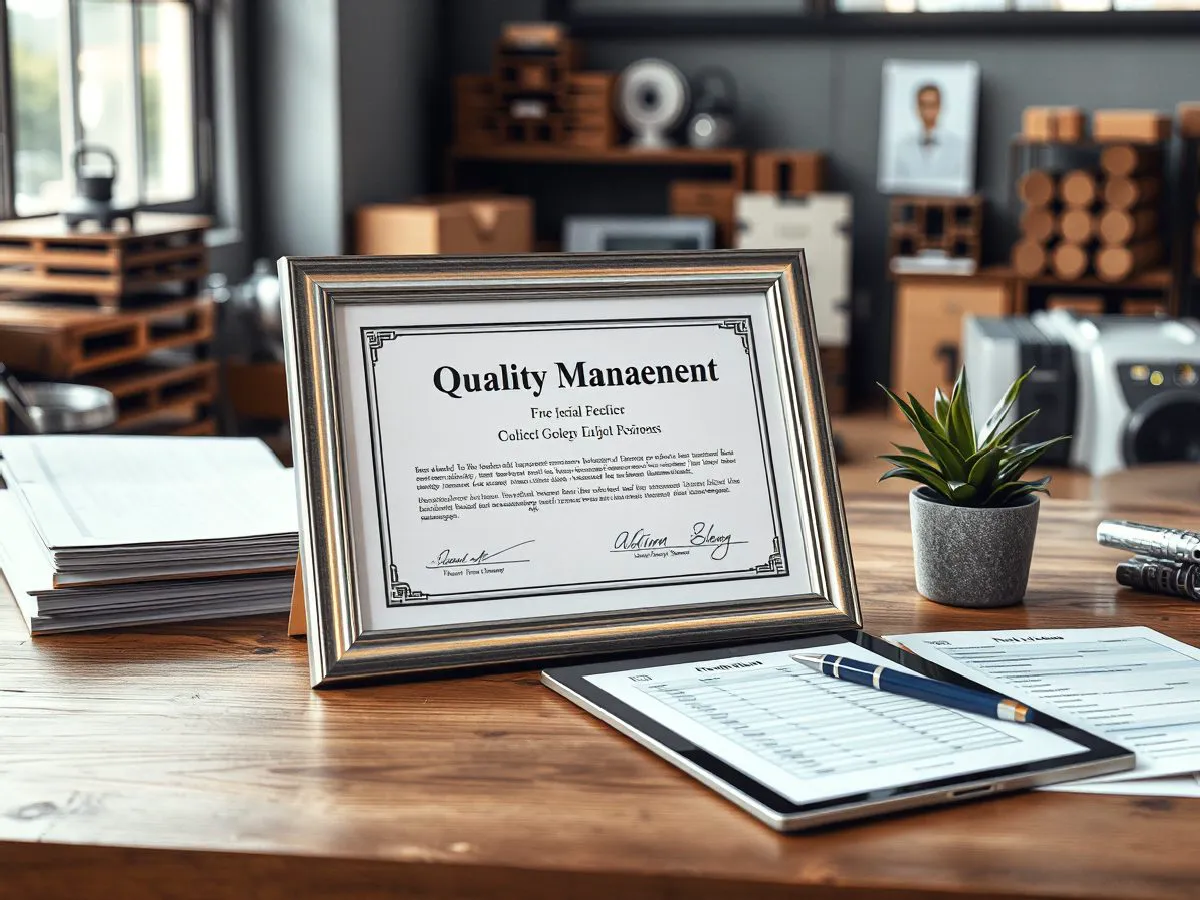 ISO 9001质量管理体系认证证书摆放在办公桌上，旁边有平板电脑和检查清单